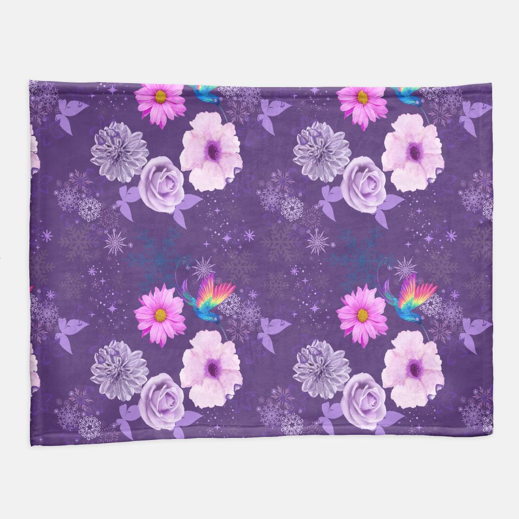 Purple Flowers, Hummingbird and Butterfly Minky Blanket - 60" x 80"