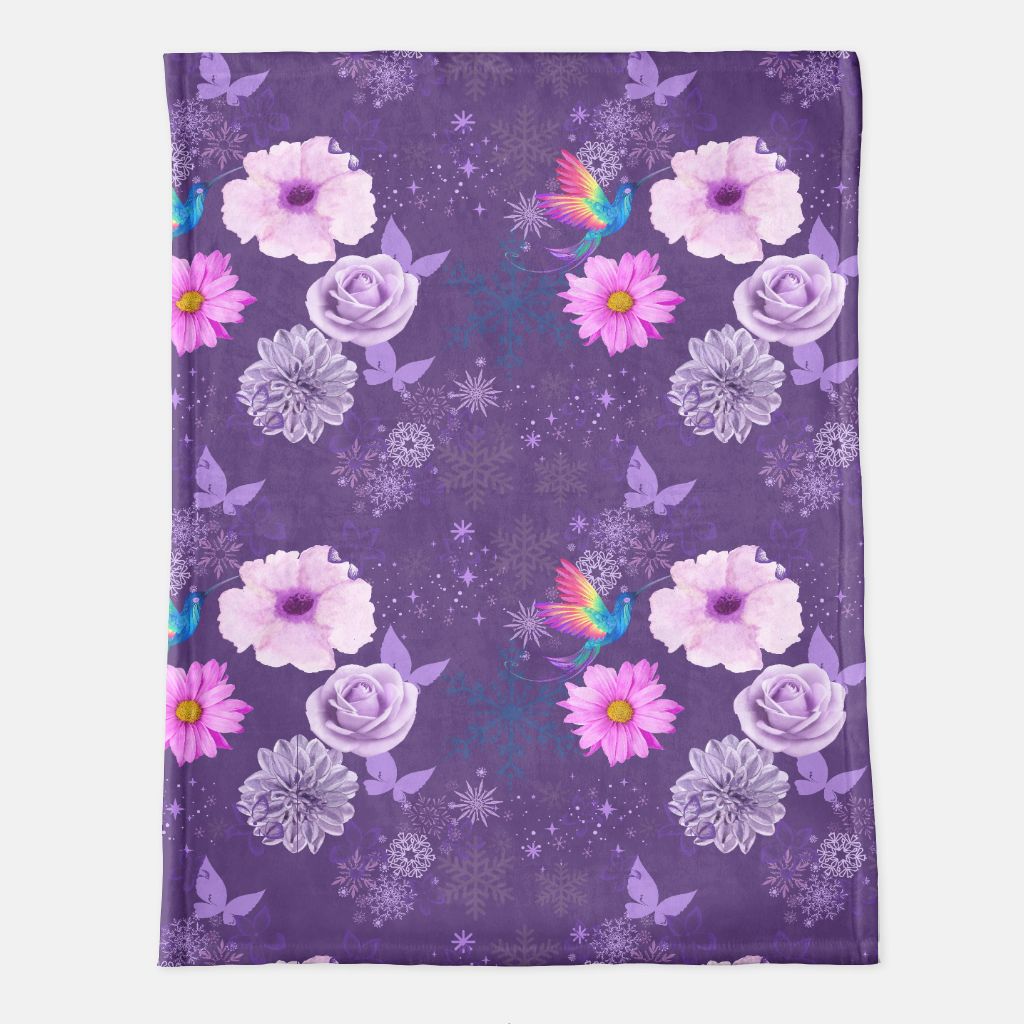 Purple Flowers, Hummingbird and Butterfly Minky Blanket - 60" x 80"